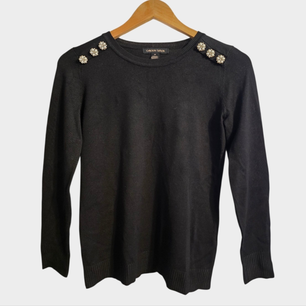 Carolyn Taylor Knit Top Womens PSmall Black Stretch Jeweled Buttons Dressy Comfy